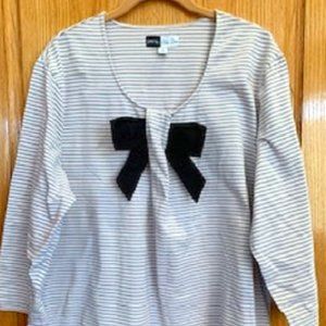 Simply Chloe Dao Striped Cotton Pull-On Top Blouse Ivory Black Bow 3/4 Sleeve XL